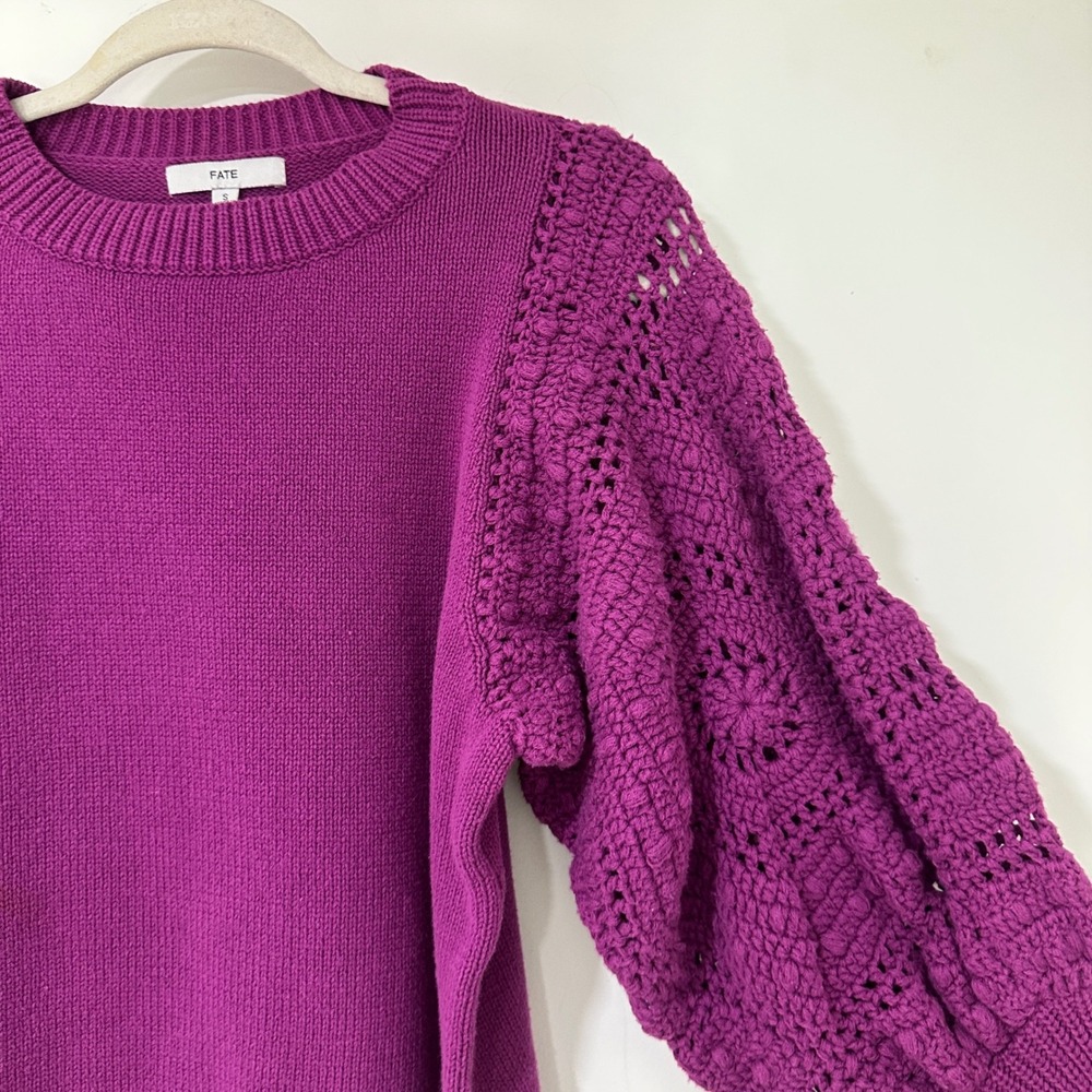 Fate Womens S Magenta Crochet Pom Pom Puff Sleeve Cotton Blend Sweater Boho